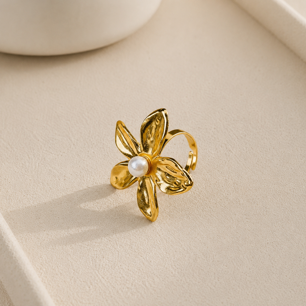 Bague Fleur Perle Dorée